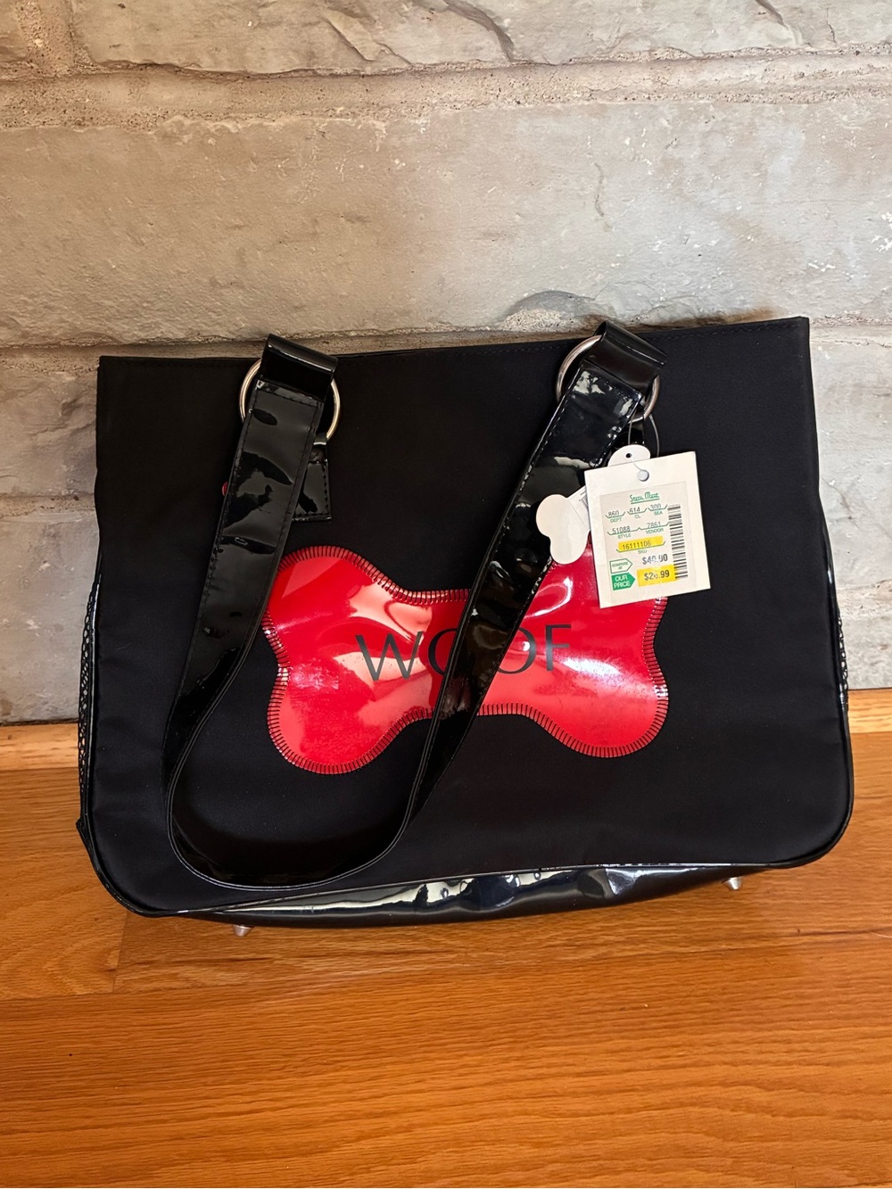 Black Pet Shoulder Bag with Red Bone Accent - WOOF